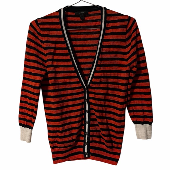 J. Crew Sweaters - J. Crew Red and Black Striped V-Neck Cardigan Sweater with Cream Cuffs